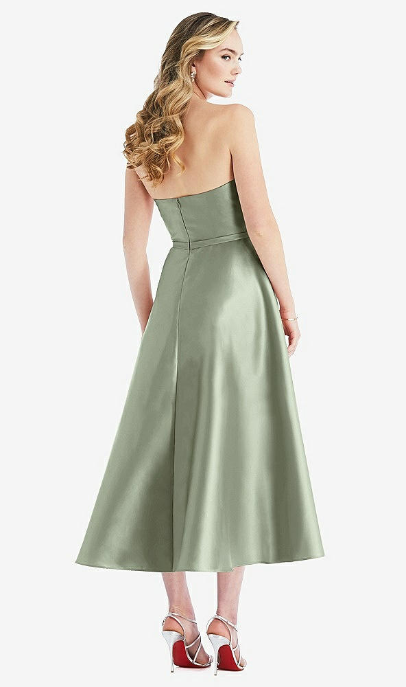 Back View - Sage Strapless Bow-Waist Full Skirt Satin Midi Dress