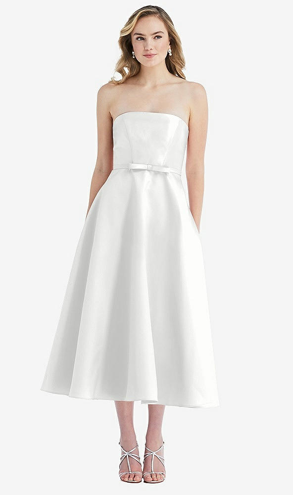 Front View - White Strapless Bow-Waist Full Skirt Satin Midi Dress