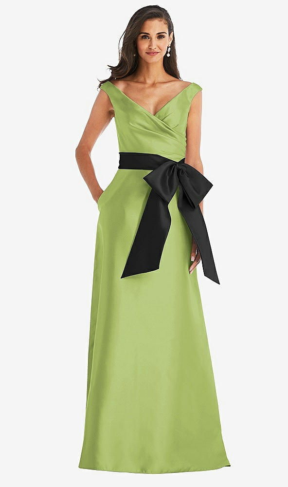 Front View - Mojito & Black Off-the-Shoulder Bow-Waist Maxi Dress with Pockets