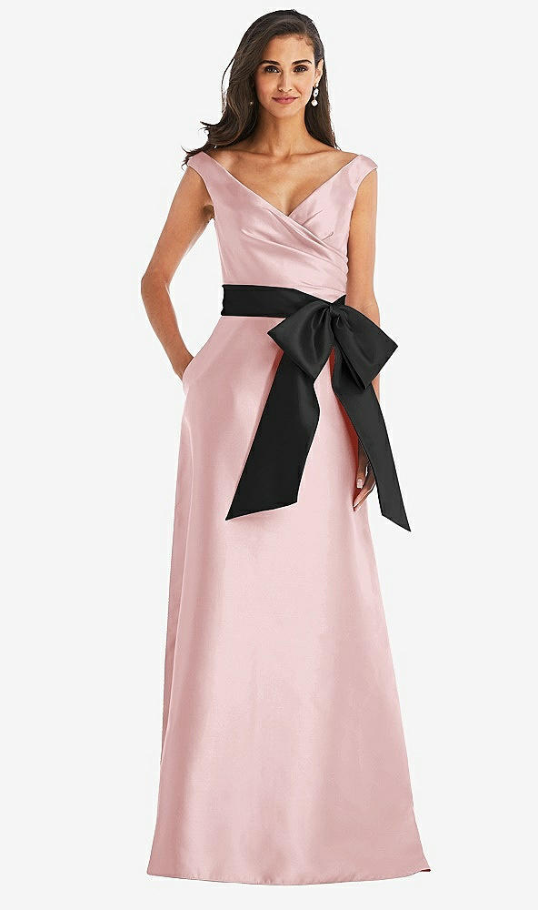Front View - Ballet Pink & Black Off-the-Shoulder Bow-Waist Maxi Dress with Pockets