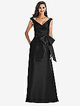 Front View Thumbnail - Black & Black Off-the-Shoulder Bow-Waist Maxi Dress with Pockets