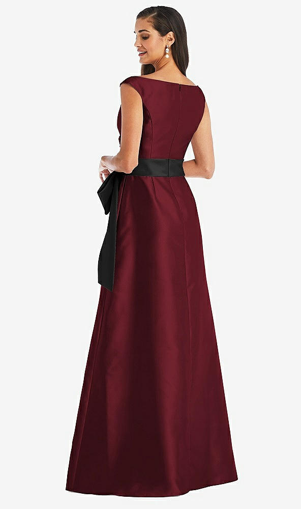 Back View - Cabernet & Black Off-the-Shoulder Bow-Waist Maxi Dress with Pockets