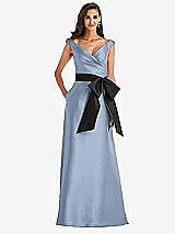 Front View Thumbnail - Cloudy & Black Off-the-Shoulder Bow-Waist Maxi Dress with Pockets