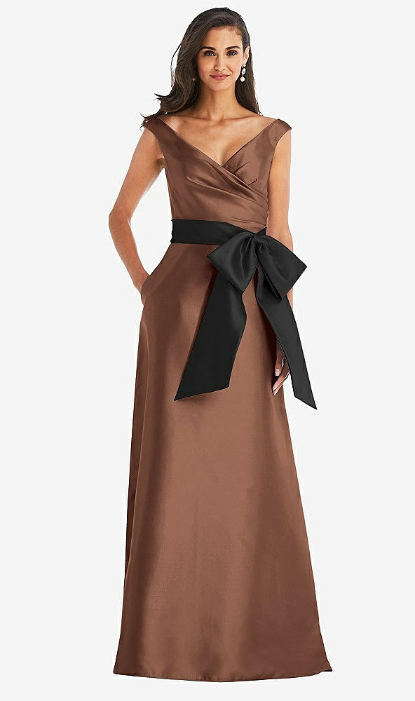 Front View - Cognac & Black Off-the-Shoulder Bow-Waist Maxi Dress with Pockets