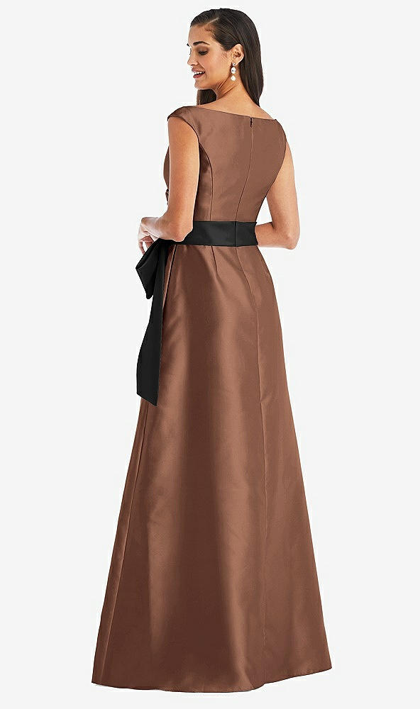 Back View - Cognac & Black Off-the-Shoulder Bow-Waist Maxi Dress with Pockets