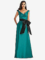 Front View Thumbnail - Jade & Black Off-the-Shoulder Bow-Waist Maxi Dress with Pockets