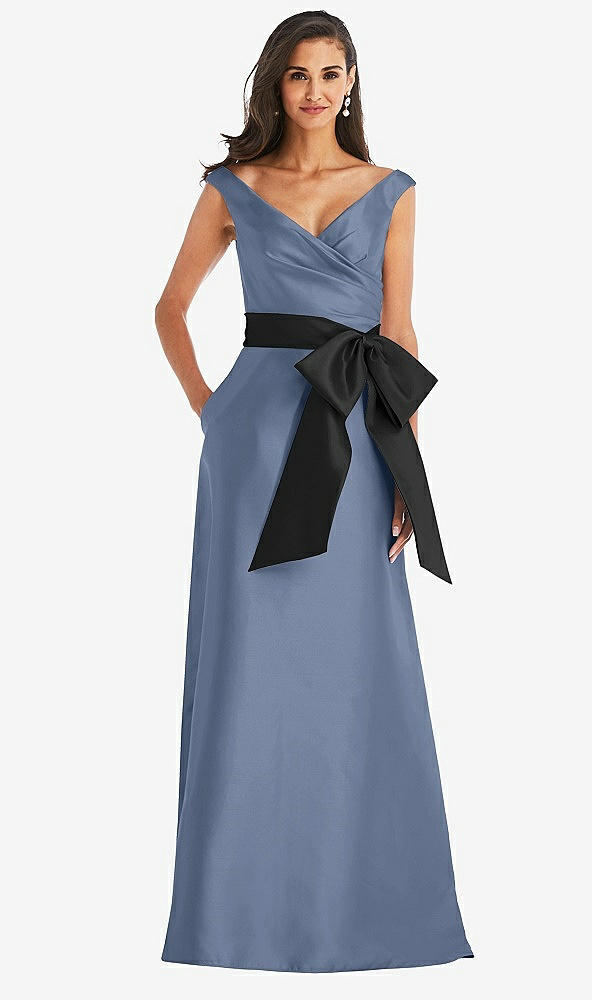 Front View - Larkspur Blue & Black Off-the-Shoulder Bow-Waist Maxi Dress with Pockets