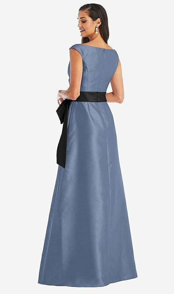 Back View - Larkspur Blue & Black Off-the-Shoulder Bow-Waist Maxi Dress with Pockets