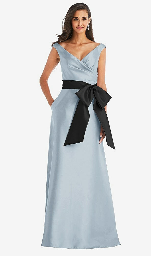 Front View - Mist & Black Off-the-Shoulder Bow-Waist Maxi Dress with Pockets