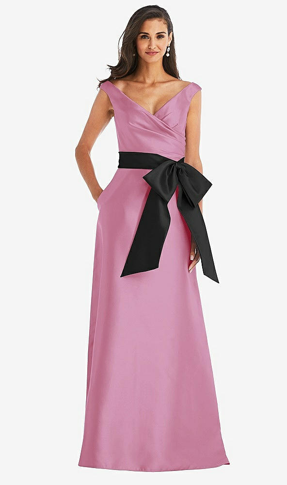 Front View - Powder Pink & Black Off-the-Shoulder Bow-Waist Maxi Dress with Pockets