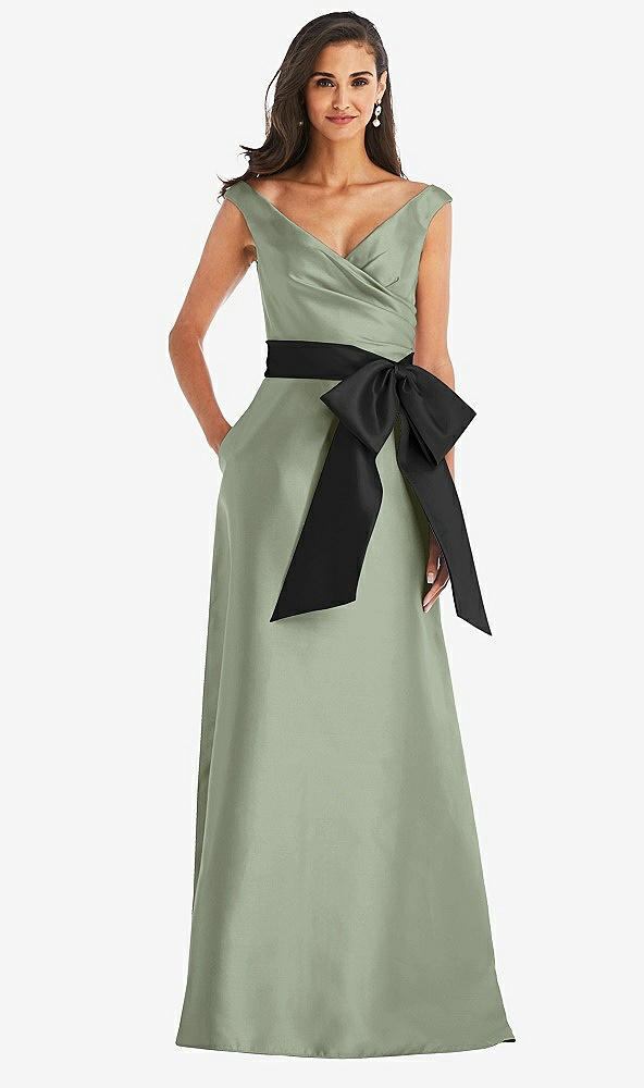 Front View - Sage & Black Off-the-Shoulder Bow-Waist Maxi Dress with Pockets