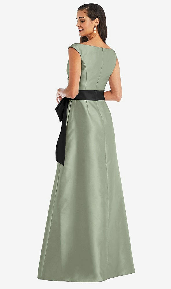 Back View - Sage & Black Off-the-Shoulder Bow-Waist Maxi Dress with Pockets