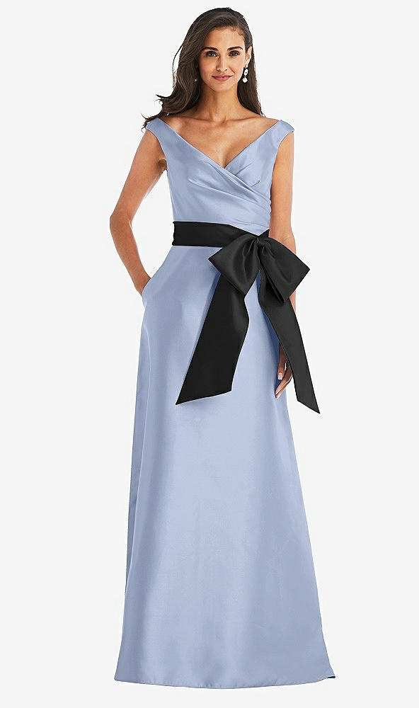 Front View - Sky Blue & Black Off-the-Shoulder Bow-Waist Maxi Dress with Pockets