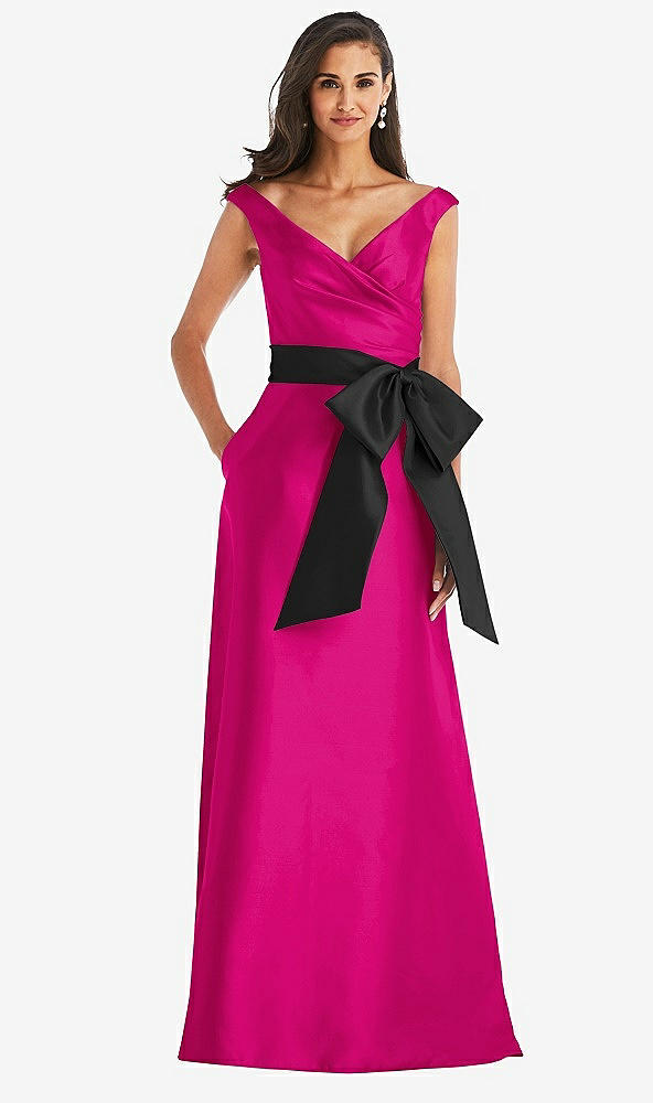 Front View - Think Pink & Black Off-the-Shoulder Bow-Waist Maxi Dress with Pockets