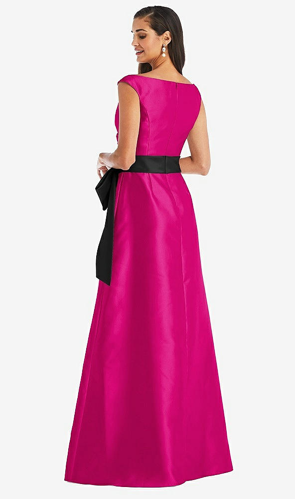 Back View - Think Pink & Black Off-the-Shoulder Bow-Waist Maxi Dress with Pockets