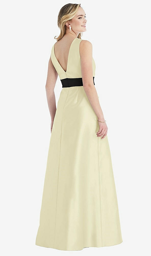 Back View - Butter Yellow & Black High-Neck Bow-Waist Maxi Dress with Pockets