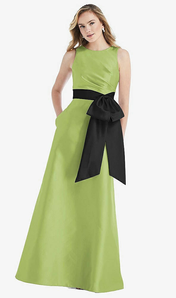 Front View - Mojito & Black High-Neck Bow-Waist Maxi Dress with Pockets