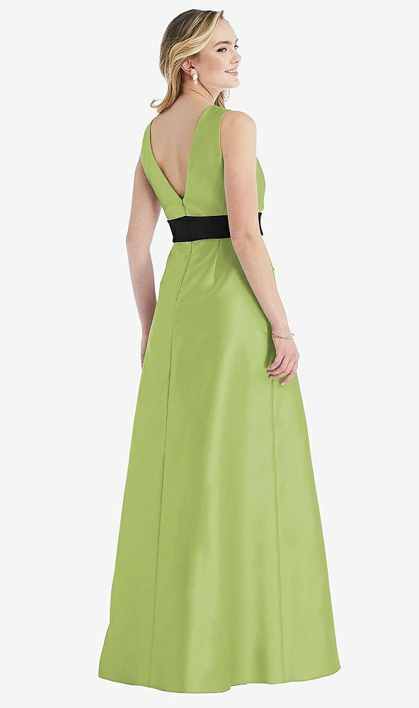 Back View - Mojito & Black High-Neck Bow-Waist Maxi Dress with Pockets