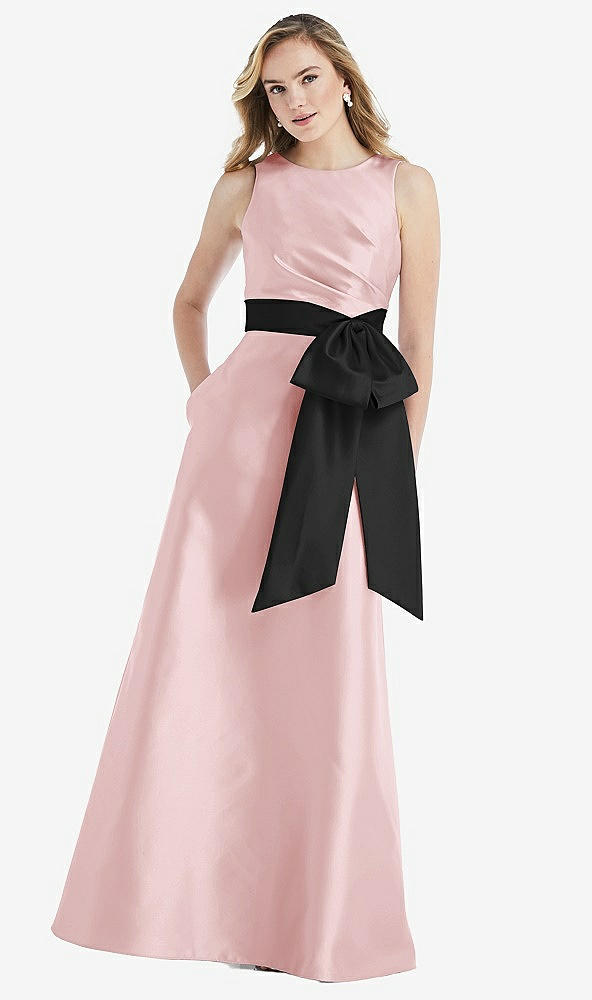 Front View - Ballet Pink & Black High-Neck Bow-Waist Maxi Dress with Pockets