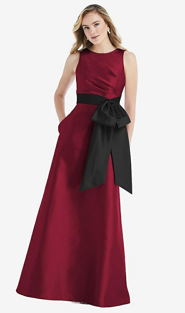 Front View - Burgundy & Black High-Neck Bow-Waist Maxi Dress with Pockets