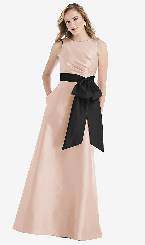 Front View - Cameo & Black High-Neck Bow-Waist Maxi Dress with Pockets
