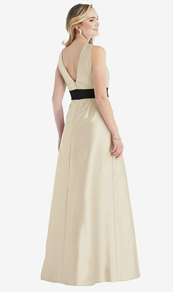 Back View - Champagne & Black High-Neck Bow-Waist Maxi Dress with Pockets