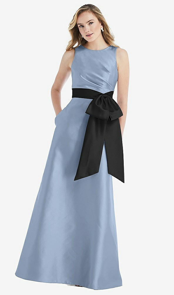 Front View - Cloudy & Black High-Neck Bow-Waist Maxi Dress with Pockets