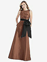 Front View Thumbnail - Cognac & Black High-Neck Bow-Waist Maxi Dress with Pockets
