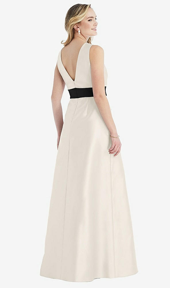 Back View - Ivory & Black High-Neck Bow-Waist Maxi Dress with Pockets