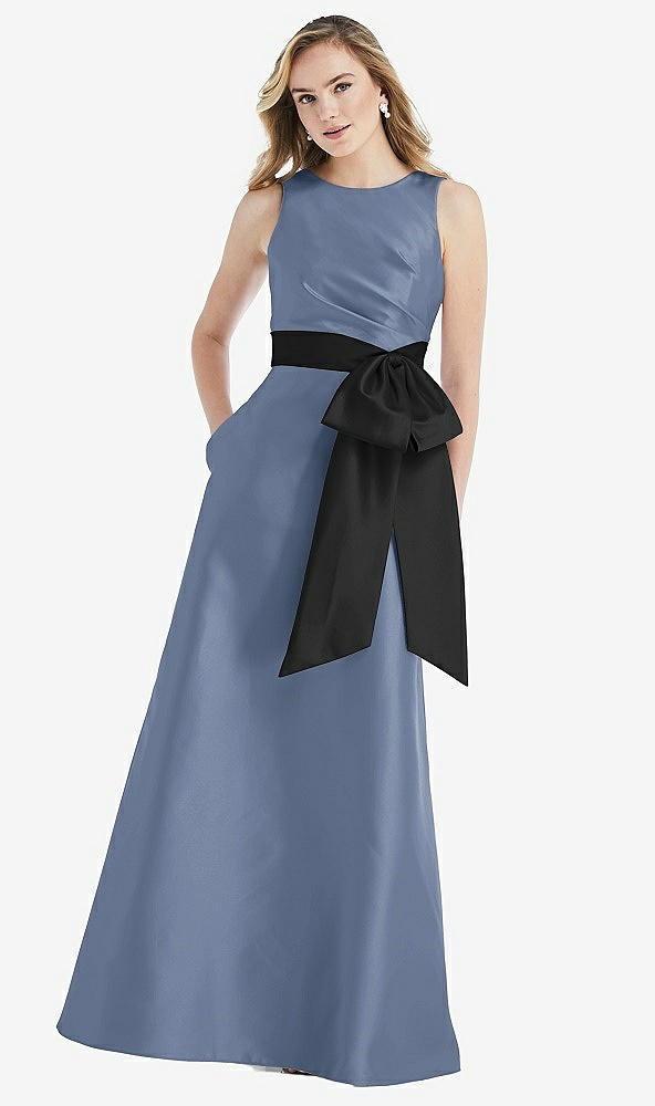 Front View - Larkspur Blue & Black High-Neck Bow-Waist Maxi Dress with Pockets