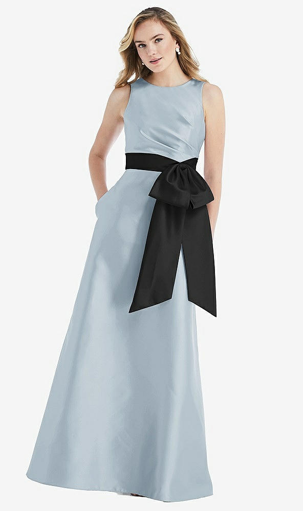 Front View - Mist & Black High-Neck Bow-Waist Maxi Dress with Pockets