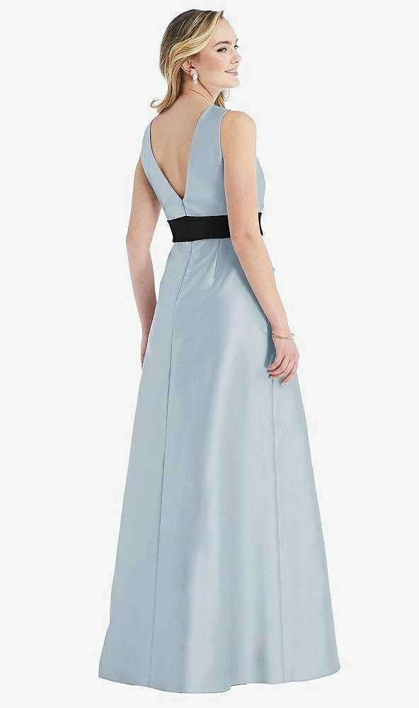 Back View - Mist & Black High-Neck Bow-Waist Maxi Dress with Pockets