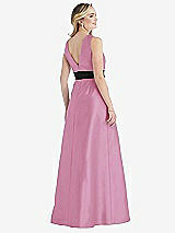 Rear View Thumbnail - Powder Pink & Black High-Neck Bow-Waist Maxi Dress with Pockets