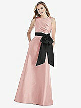 Front View Thumbnail - Rose & Black High-Neck Bow-Waist Maxi Dress with Pockets