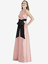 Side View Thumbnail - Rose & Black High-Neck Bow-Waist Maxi Dress with Pockets