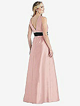 Rear View Thumbnail - Rose & Black High-Neck Bow-Waist Maxi Dress with Pockets