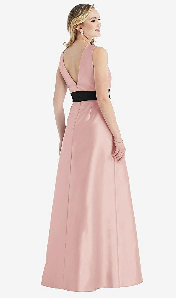 Back View - Rose & Black High-Neck Bow-Waist Maxi Dress with Pockets