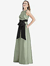 Side View Thumbnail - Sage & Black High-Neck Bow-Waist Maxi Dress with Pockets
