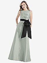 Front View Thumbnail - Willow Green & Black High-Neck Bow-Waist Maxi Dress with Pockets