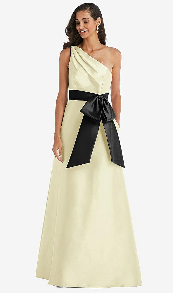Front View - Butter Yellow & Black One-Shoulder Bow-Waist Maxi Dress with Pockets