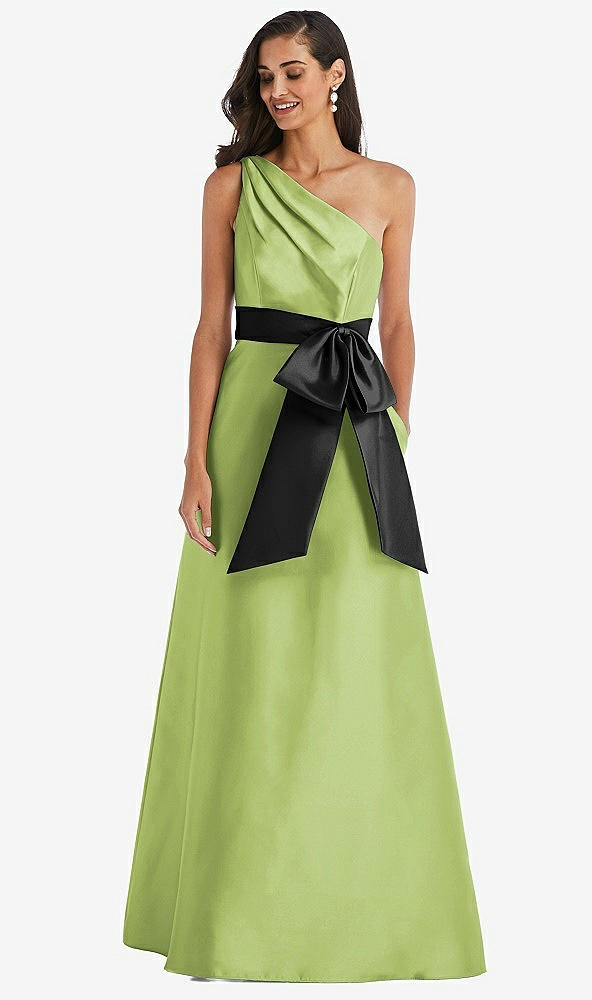 Front View - Mojito & Black One-Shoulder Bow-Waist Maxi Dress with Pockets
