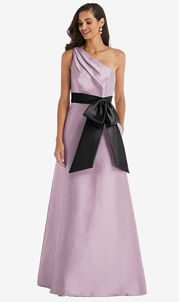 Front View - Suede Rose & Black One-Shoulder Bow-Waist Maxi Dress with Pockets
