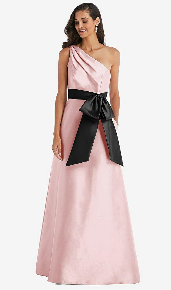 Front View - Ballet Pink & Black One-Shoulder Bow-Waist Maxi Dress with Pockets