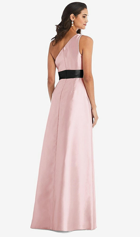 Back View - Ballet Pink & Black One-Shoulder Bow-Waist Maxi Dress with Pockets