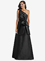Front View Thumbnail - Black & Black One-Shoulder Bow-Waist Maxi Dress with Pockets