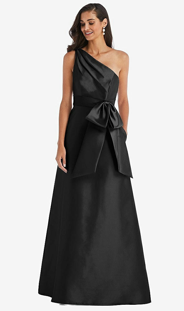 Front View - Black & Black One-Shoulder Bow-Waist Maxi Dress with Pockets