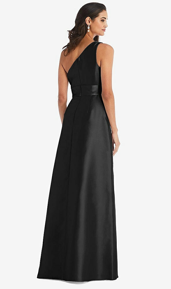 Back View - Black & Black One-Shoulder Bow-Waist Maxi Dress with Pockets