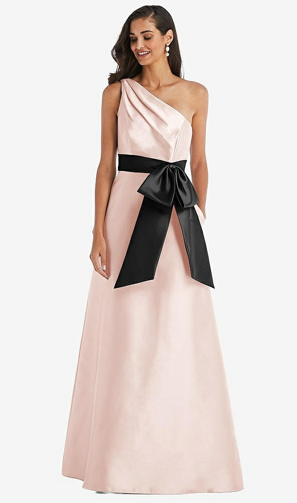 Front View - Blush & Black One-Shoulder Bow-Waist Maxi Dress with Pockets