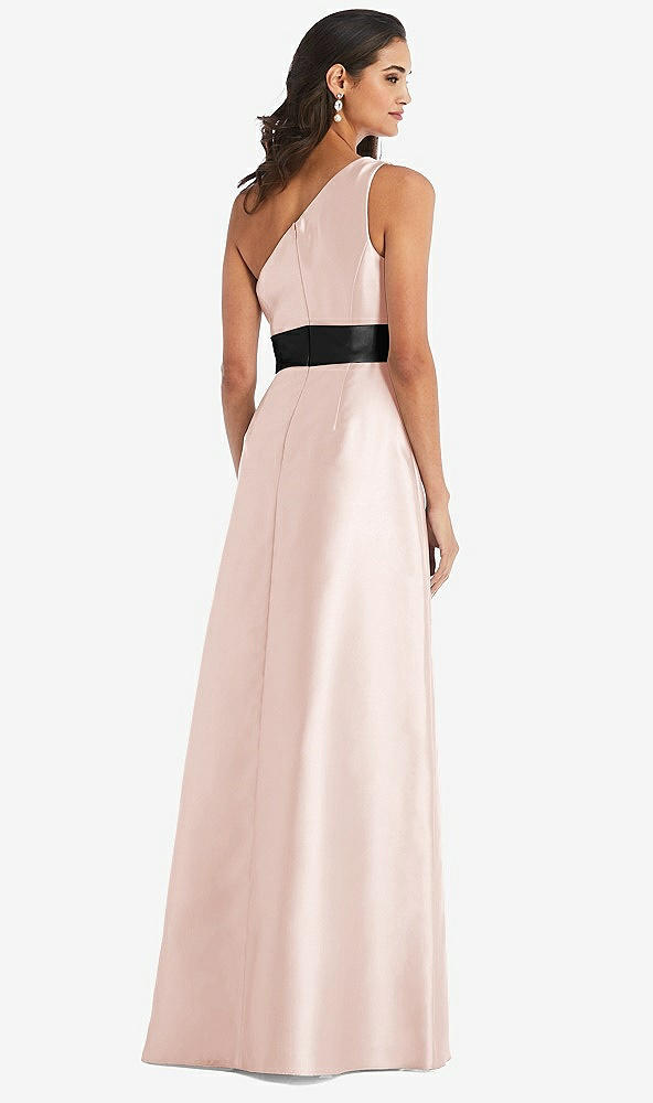 Back View - Blush & Black One-Shoulder Bow-Waist Maxi Dress with Pockets