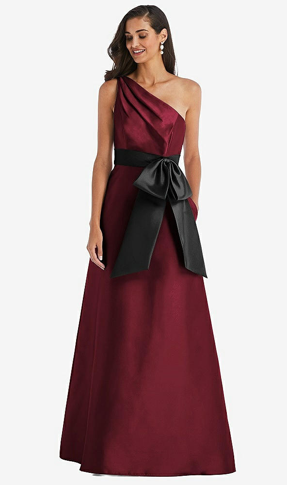 Front View - Cabernet & Black One-Shoulder Bow-Waist Maxi Dress with Pockets